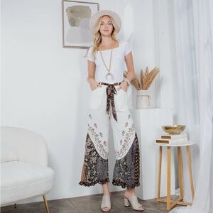 Boho Floral Wide-Leg Jumpsuit Pants with Tie Waist - White